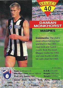 1994 Select AFL #40 Damian Monkhorst Back